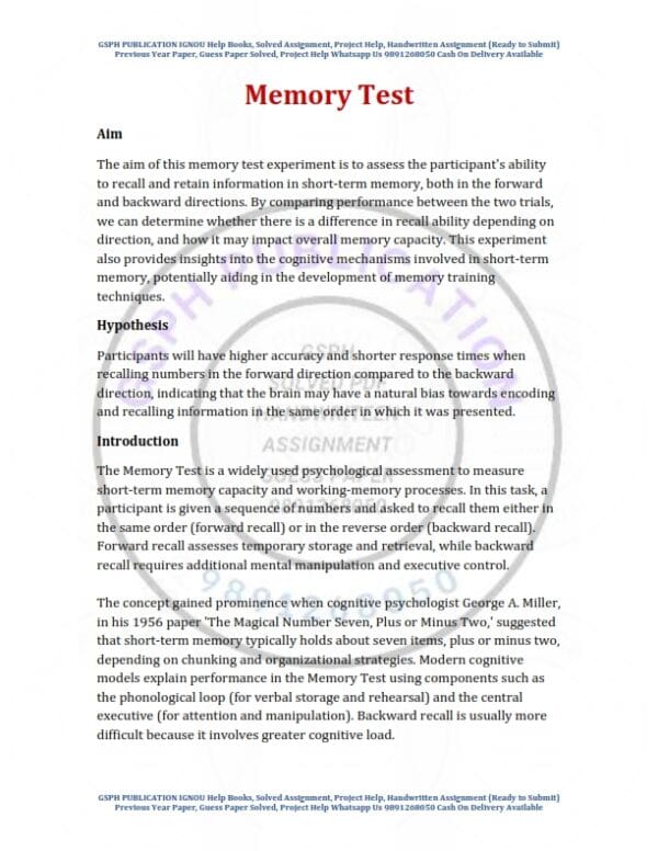 IGNOU MAPC Memory Test Practical PDF - GSPH Publication IGNOU Solved ...