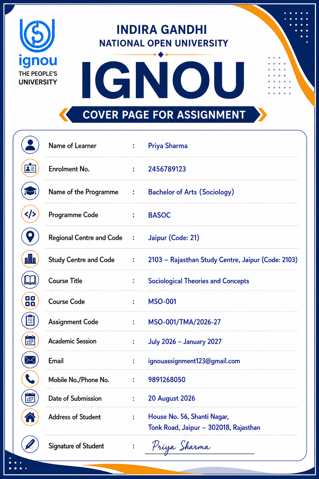 Illustrative IGNOU assignment cover page with student details